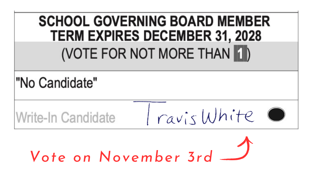 Sample Ballot showing how to write in Travis White for Higley Unified School District